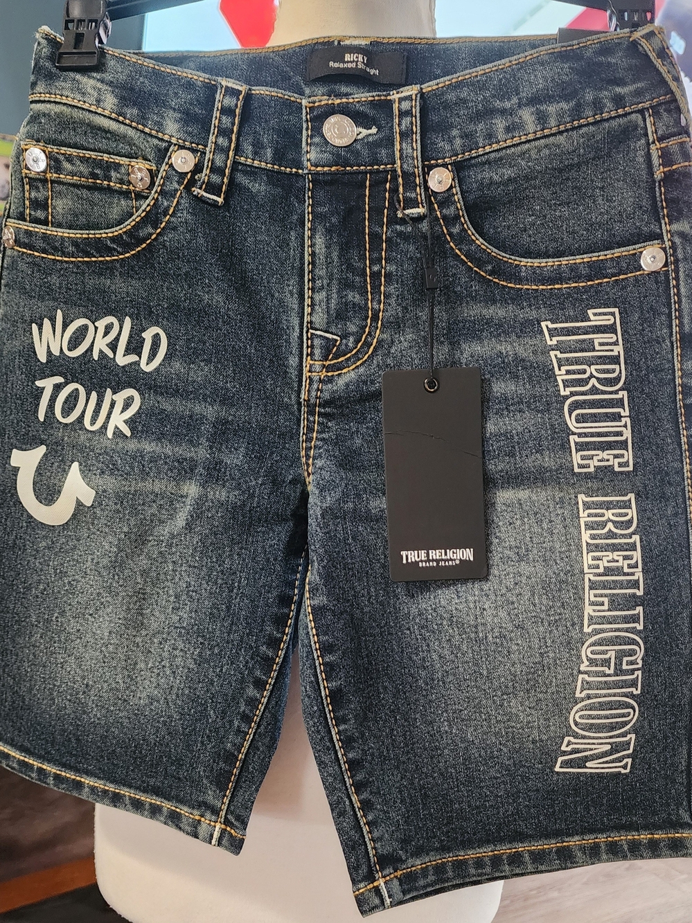True Religion Dark Blue Denim Boys/Girls  Shorts with White Graphics Sz 12